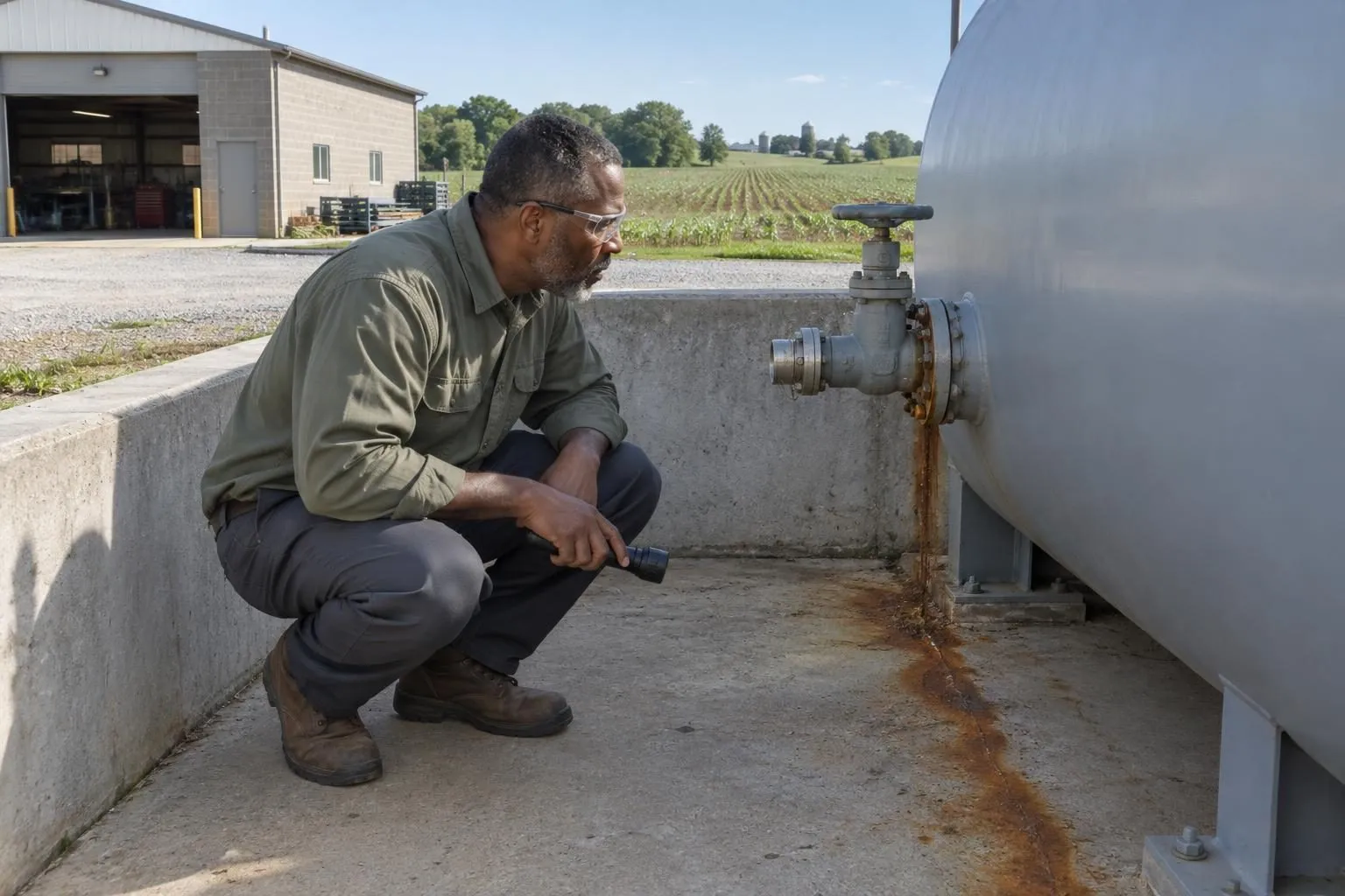 Consultant examines a tank valve and containment floor at a small rural industrial property beside planted fields.