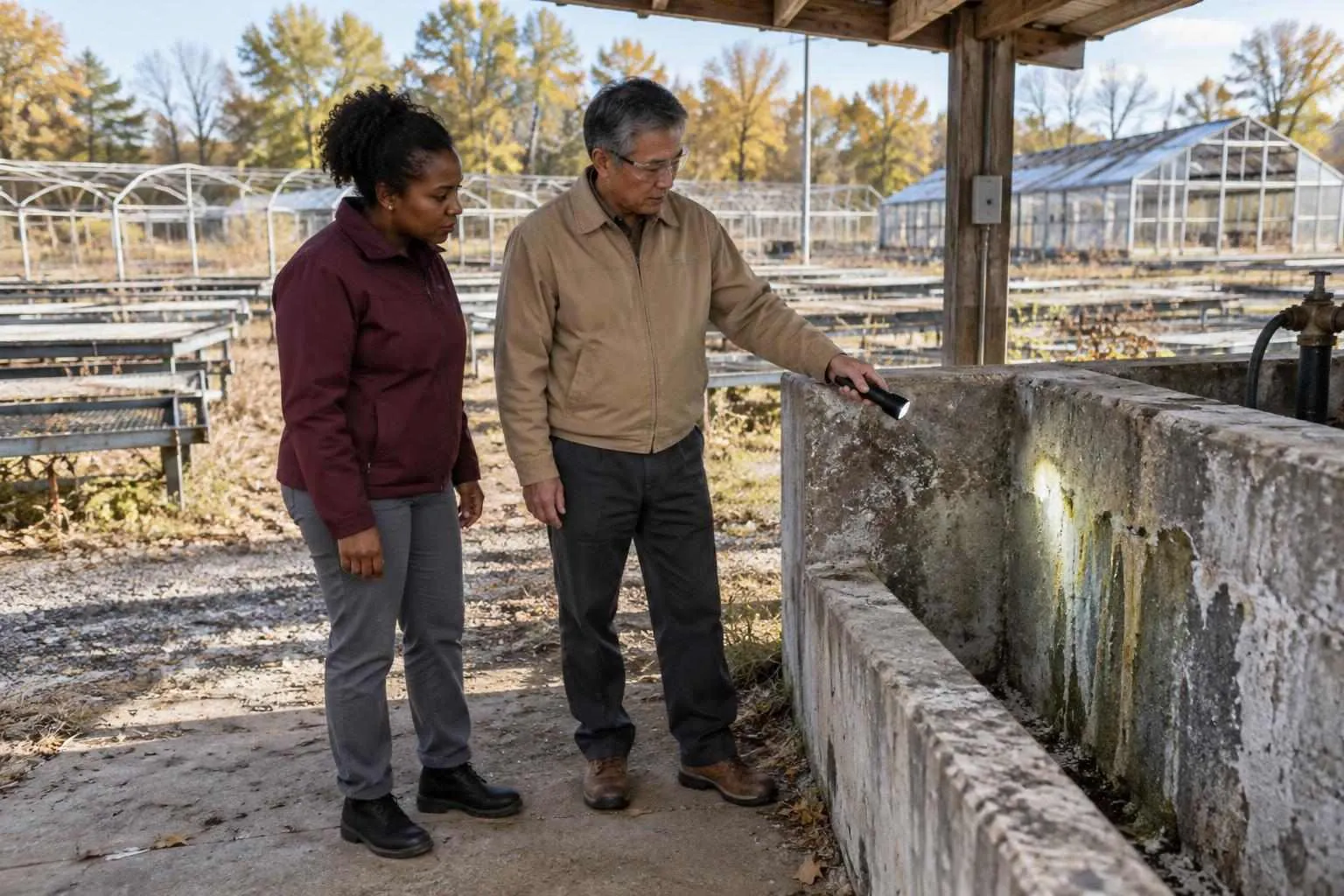 A senior environmental consultant shows a buyer staining around a former nursery’s chemical-mixing trough.