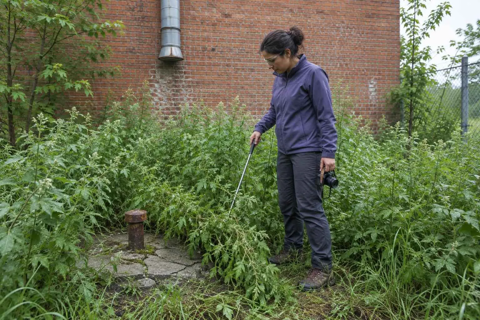 Consultant in a weedy back lot parts tall grass with a steel rod to expose a cracked slab and rusted pipe stub behind a brick building