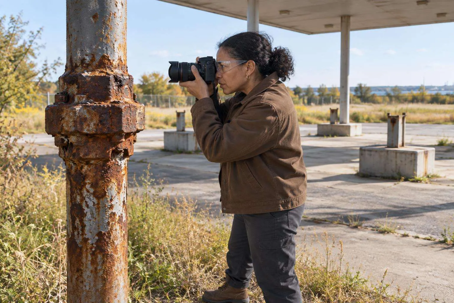 Environmental consultant photographs a corroded fuel-tank vent fitting at a former fleet-fueling property.