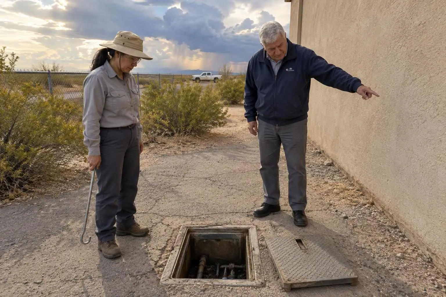 Consultant and property owner stand over an opened utility box in a dusty Southwest lot, discussing where an old line runs.