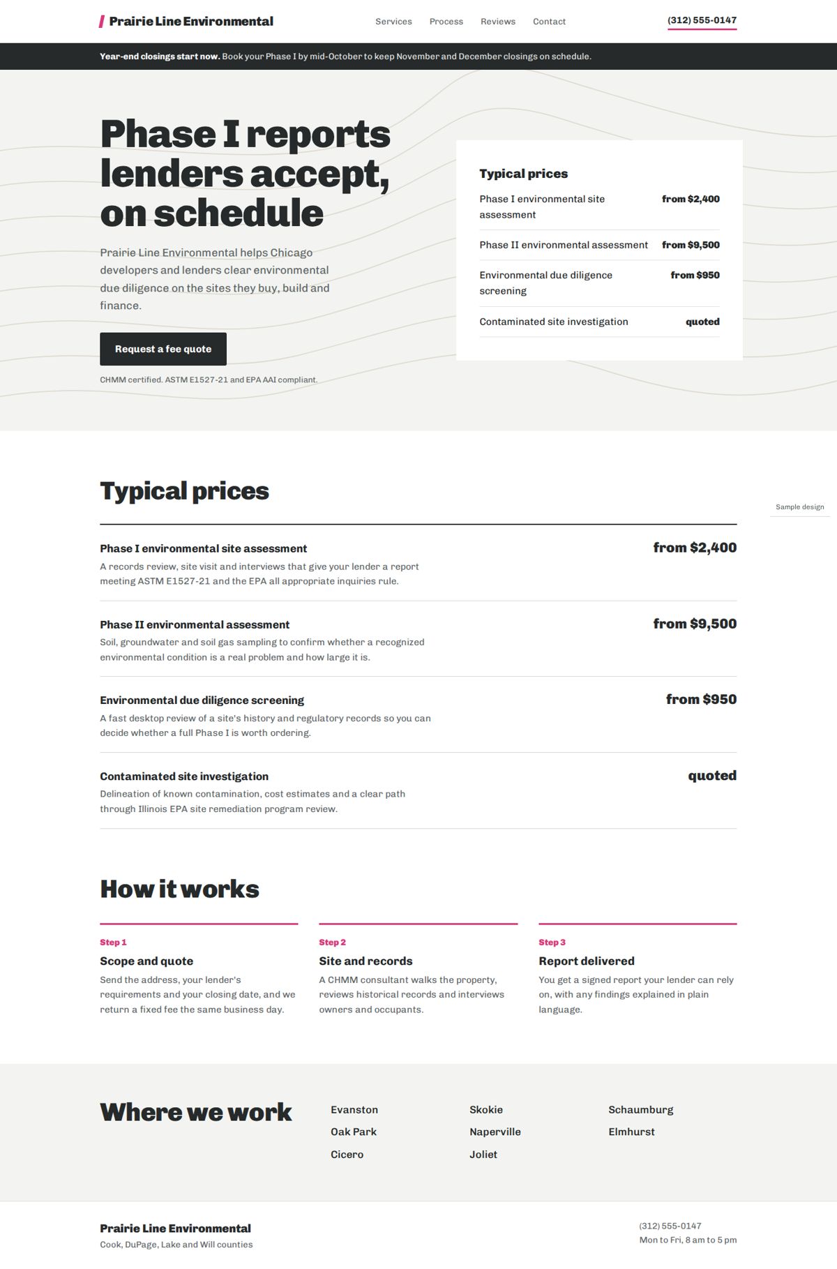 Full page of a sample business website, desktop view